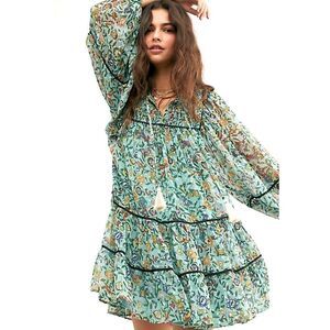 Free People Free Swinging Mini Dress Bohemian Metallic Paisley Size XS